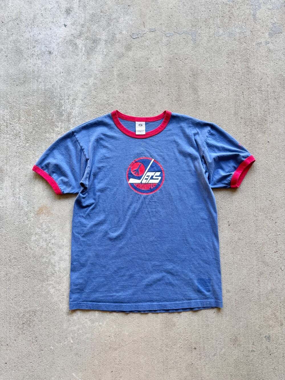 Vintage 2000's Bulletin WINNIPEG JETS Blue 100% Cotton Ringer T-Shirt, Size M